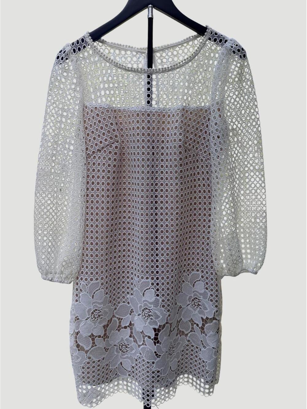 WHBM White Lace Eyelet Crochet Shift Dress 3/4 Sleeve Size 4 - Picture 2 of 8